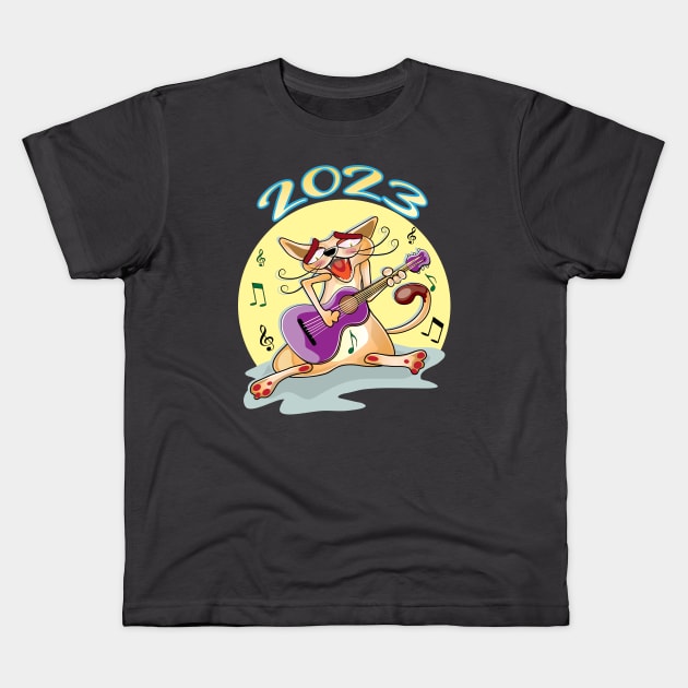 Happy New Year 2023 Cat Playing Guitar Kids T-Shirt by ArticArtac